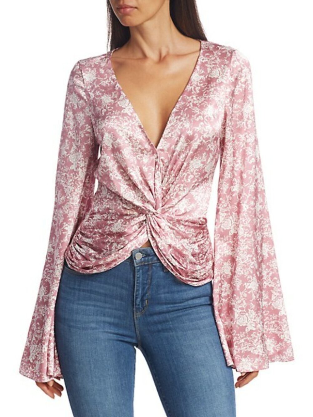 NWOT CAROLINE CONSTAS Romy Silk Top Blouse V Neck - M - Pink Floral Twist Front